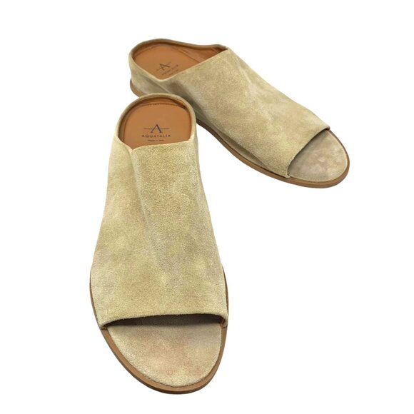 Aquatalia Anne Tan Suede Low Wedge Open Toe‎ Mules - Picture 7 of 12